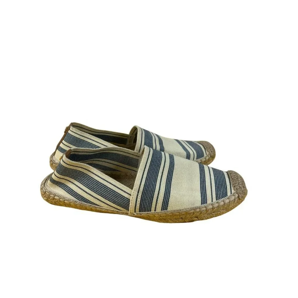 Tory Burch Beige Blue Striped Fabric‎ Espadrille Flat Slip-On Shoes 9.5 Designer